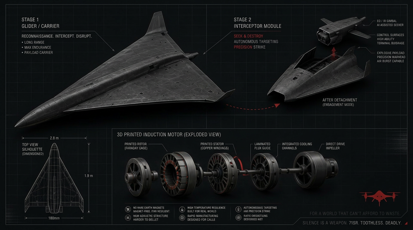 71SR Toothless concept sheet — glider carrier with detachable interceptor module, dimensioned top view, and 3D-printed induction motor exploded view.